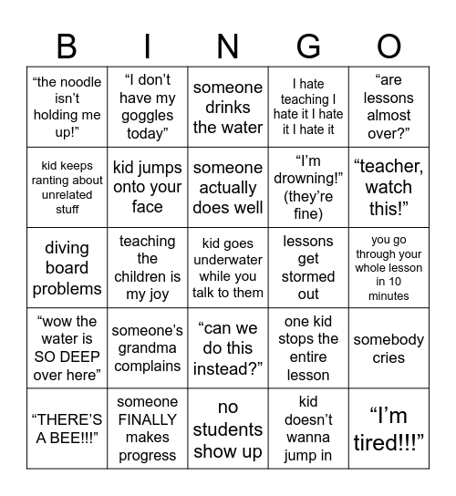 Swim Lesson Bingo Card