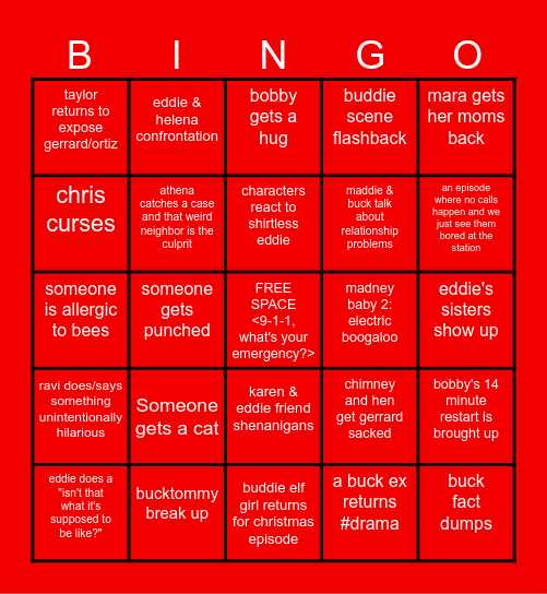 9-1-1 Season 8 Bingo (v. unserious) Bingo Card