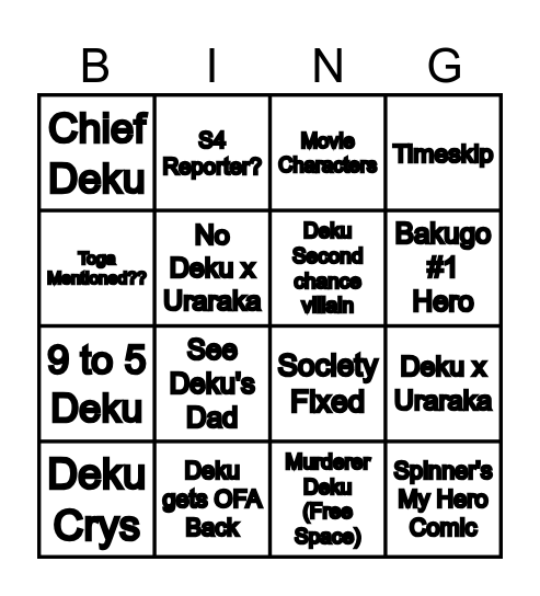 MHA Shitdictions Bingo Card