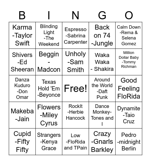 Music Bingo Card