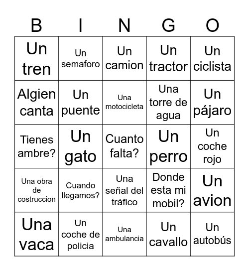 Bingo en coche Bingo Card