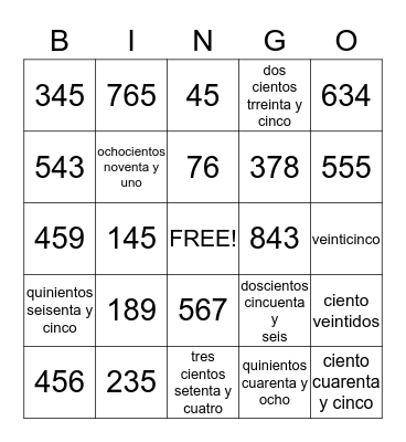 Numeros Bingo Card