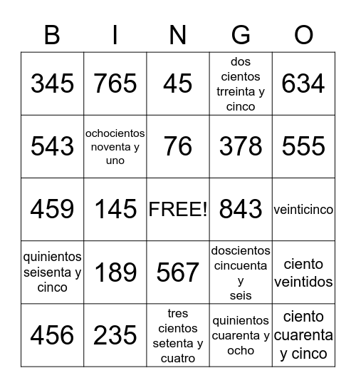 Numeros Bingo Card