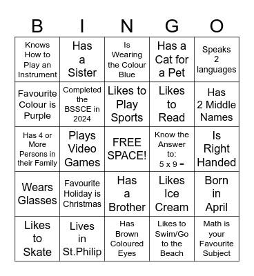"Get to Know Me" Bingo Card