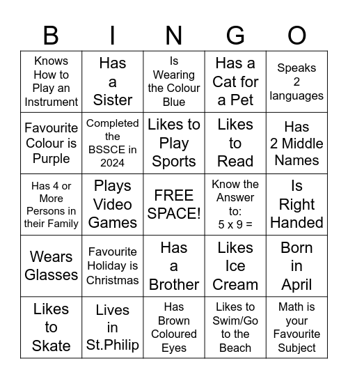 "Get to Know Me" Bingo Card