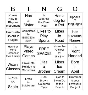 "Get to Know Me" Bingo Card