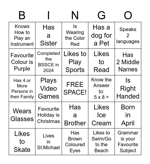 "Get to Know Me" Bingo Card