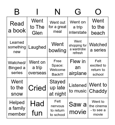 Welcome Back BINGO Card