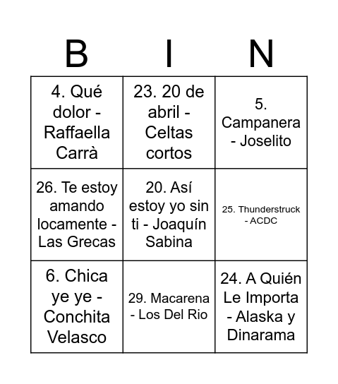 BINGO MUSICAL - BARANDA 2024 Bingo Card