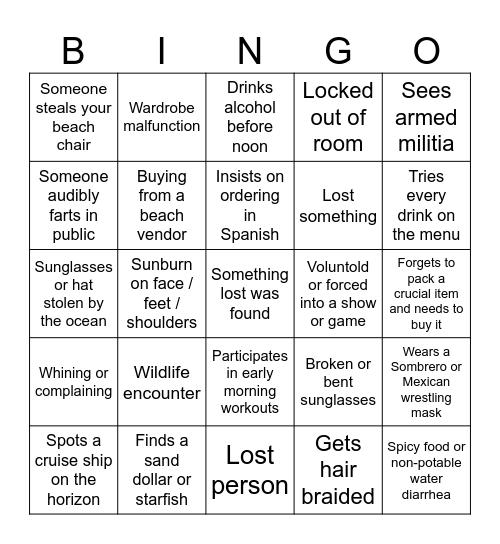 Mexico Birthday Trip Bingo Card