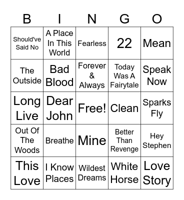 Taylor Swift Bingo Card