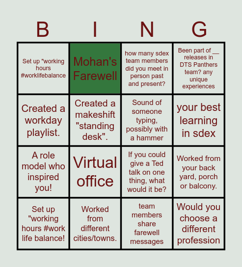 farewell Bingo Card