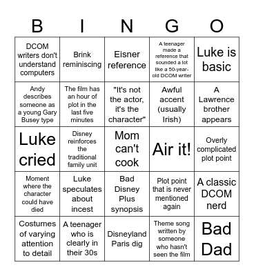 Mom Can't Cook Bingo Card