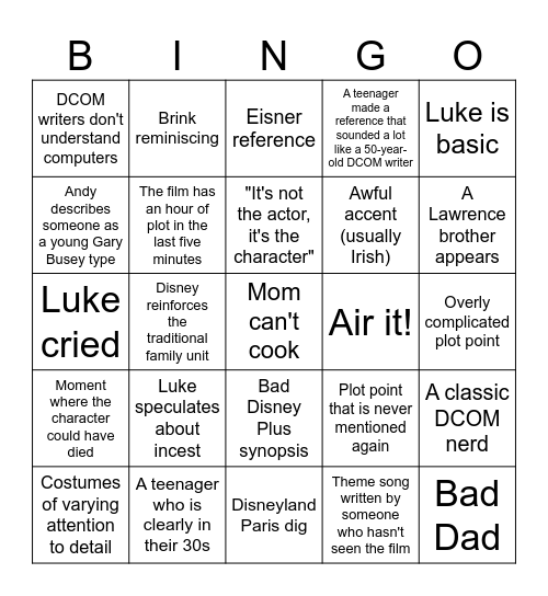 Mom Can't Cook Bingo Card