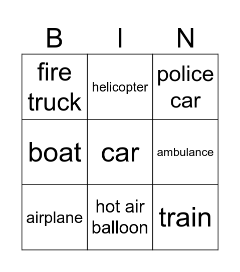 Transportation Bingo Card