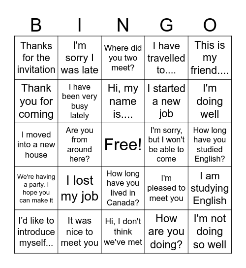 Socializing with Friends Bingo Card