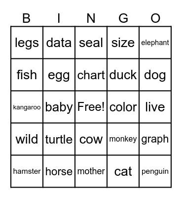Animal Vocabulary Bingo Card