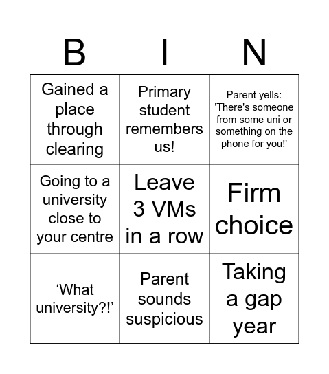 IU School Leaver Call Bingo 2024 Bingo Card