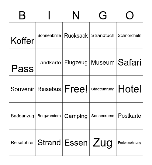 Urlaub Bingo Card