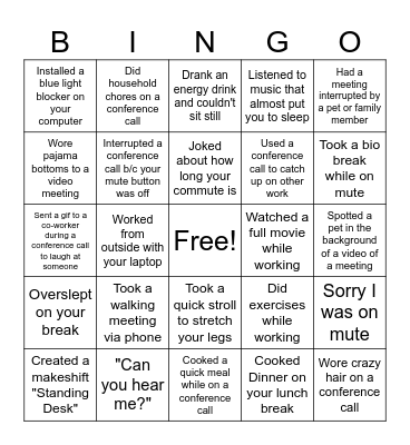 Remote Work Bingo Card