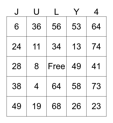 Independent Day Bingo Card