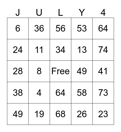 Independent Day Bingo Card