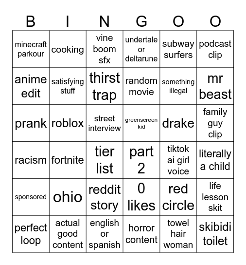yt shorts Bingo Card