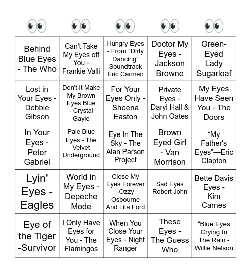 MORTIMER'S MUSIC BINGO - SONGS WITH EYES IN THE TITLE Bingo Card