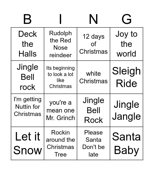 Christmas Music Bingo Card