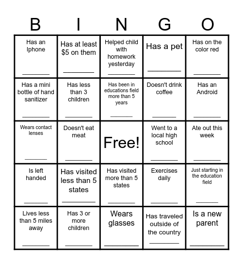Buddy Bonding Icebreaker Bingo Card