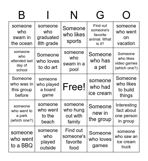 Summer Get to Know You Bingo Card