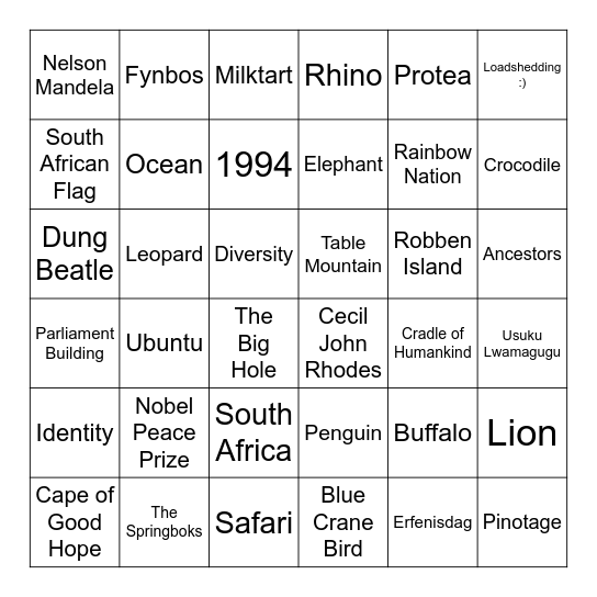 South Africa Heritage Bingo Card