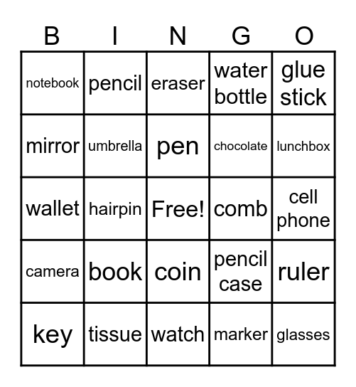 Things in my bag Bingo Card