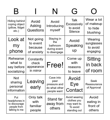 Safety Behaviors Bingo Card