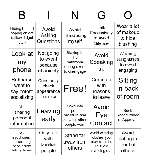 Safety Behaviors Bingo Card