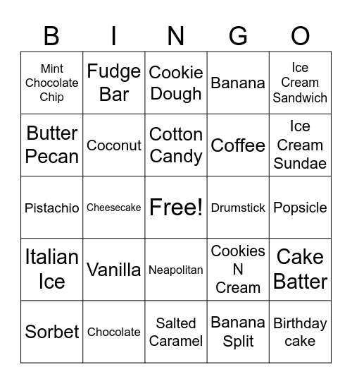 ICE CREAM Bingo Card