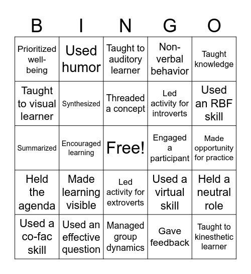 Training and Fcilitation Bingo Card