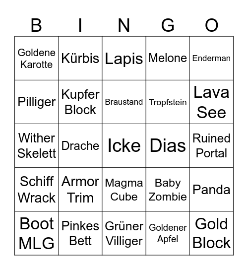 Eddies Minecraft Bingi Bingo Card