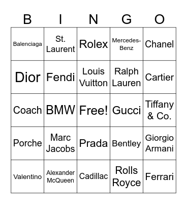 Lap of Luxury Bingo Card