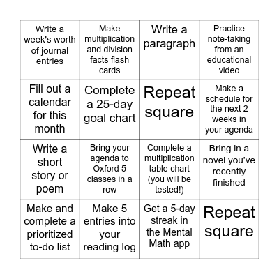 Homework is Fun! - Core Skills Bingo Card