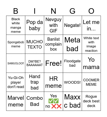 Yu-Gi-Oh meme Bingo Card