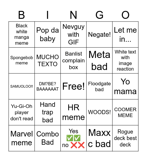 Yu-Gi-Oh meme Bingo Card
