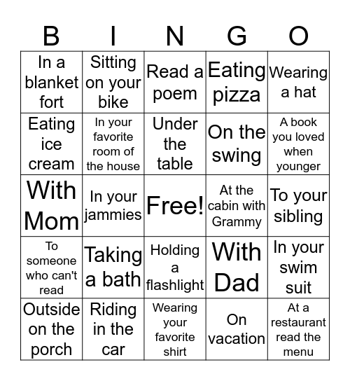 READ a book for 20 minutes ..... Bingo Card