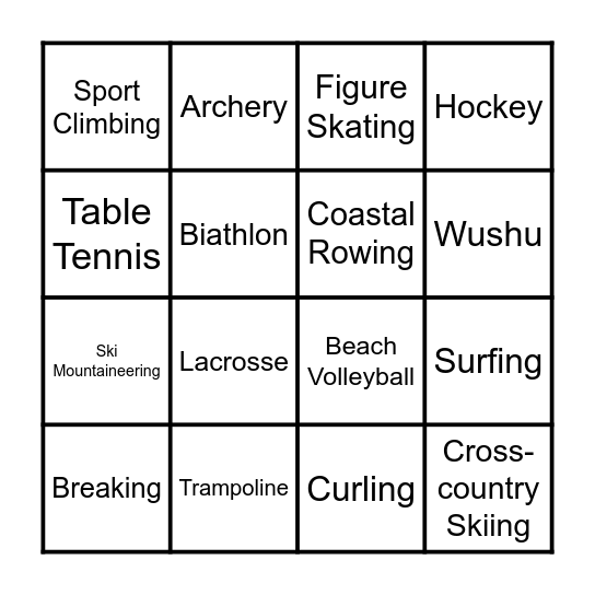 Olympic Bingo Card