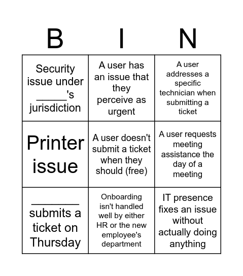 IT Weekly Bingo Card