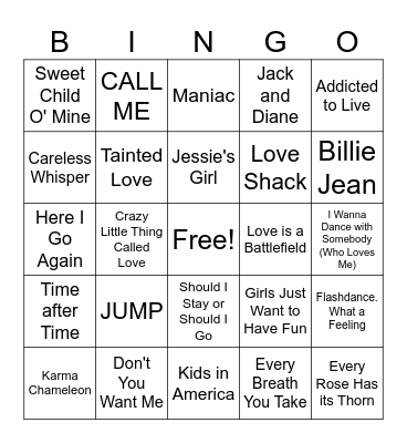 80s Music Bingo Card