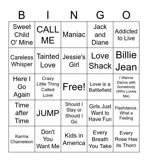 80s Music Bingo Card