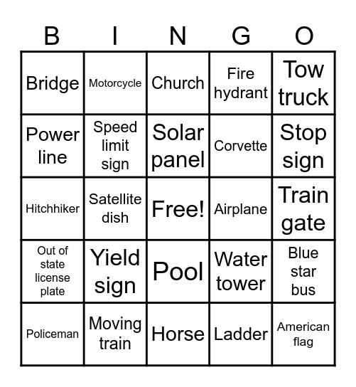 ROAD TRIP BINGO Card