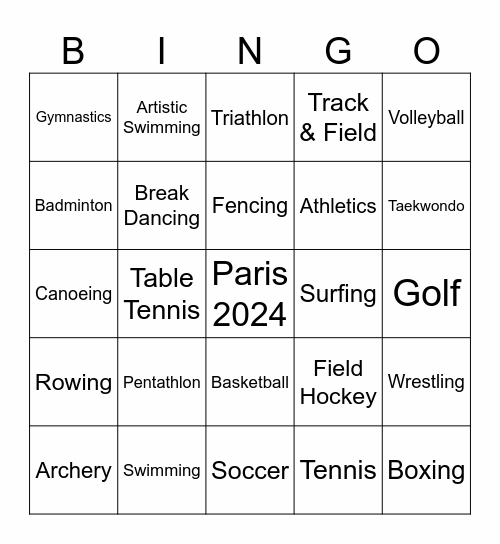 Olympics Bingo Card