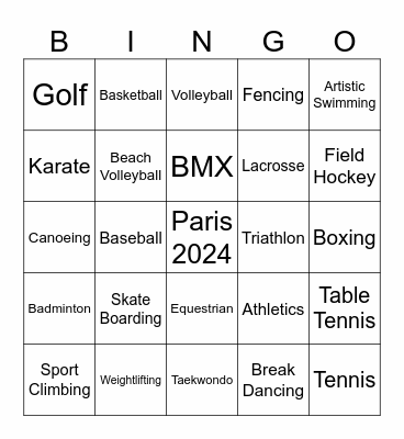 Olympics Bingo Card